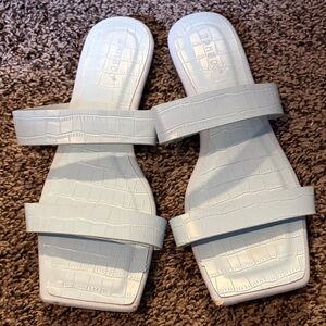 Light Blue Croc-Embossed Slide Sandals
